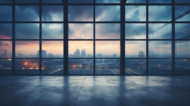 ein leerer Raum mit Blick auf die Stadt. Fensteransicht aus einem Metallfenster