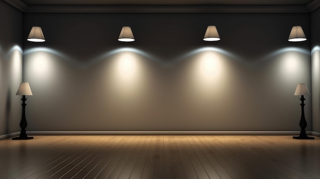 Ein leerer Raum mit drei Lampen an der Wand.