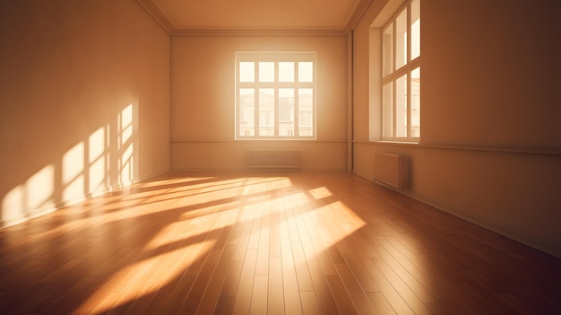 Ein leerer Raum mit einem großen Fenster, auf das die Sonne scheint.