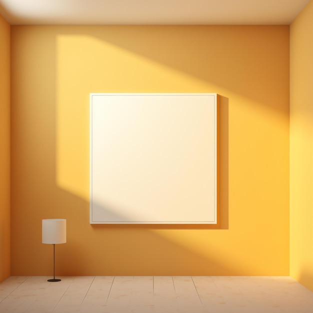 Ein leerer schwarzer Rahmen auf einer Kurkuma-Wand im Stil von lichtgefüllten Kompositionen Bryce 3D flache minimalistische Bilder lichtgefüllte helle Beige spärliche und einfache Job ID e2948ee3127641589f01b4b5b32b6e67