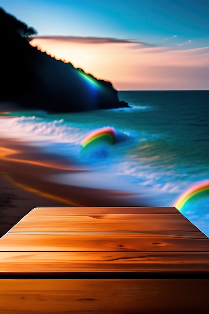 Ein leerer Tisch aus Naturholz im Vordergrund und ein Regenbogen über dem Meer im Hintergrund
