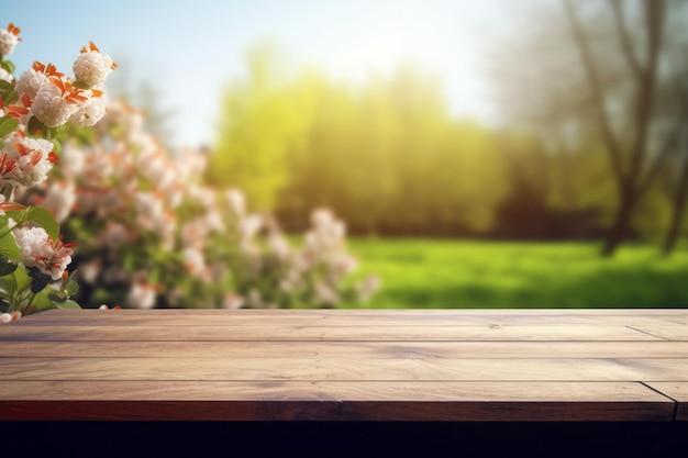 Ein leerer Tisch mit Blick auf den Frühlingsgarten