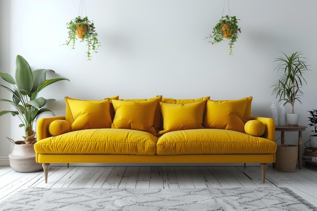 Foto ein leerer weißer wandhintergrund mit einem minimalistischen gelben sofa in einem modernen minimalistischen interieur