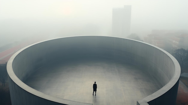 Foto ein leeres, abstraktes, futuristisches gebäude mit einem betonboden wird von einem einsamen individuum, einer generativen ki, besetzt.