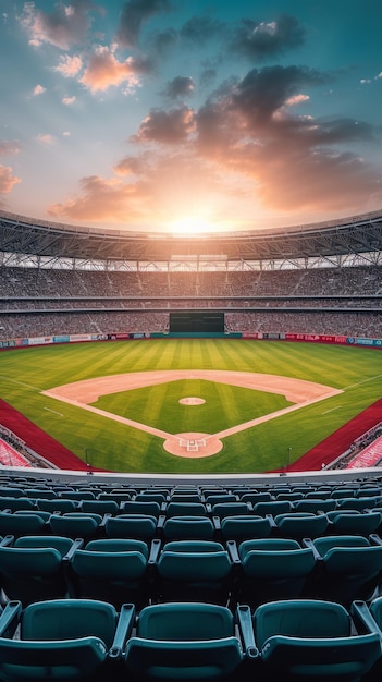 Ein leeres Baseballstadion bei Sonnenuntergang mit der Sonne, die auf dem Feld scheint