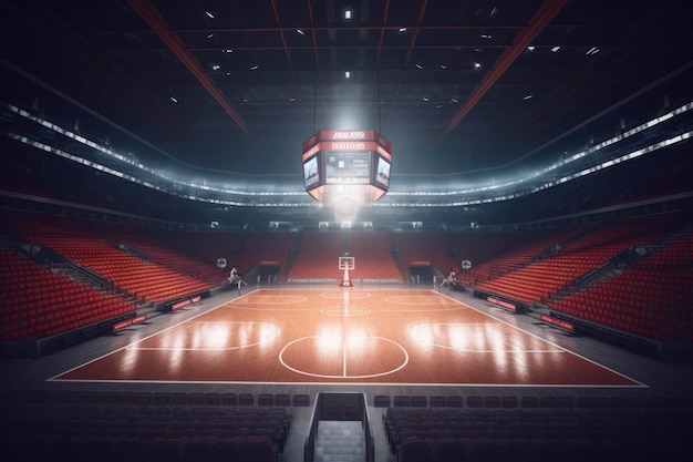 Ein leeres Basketballstadion mit einer Anzeigetafel, auf der „die Anzeigetafel“ steht.