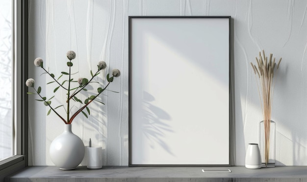 Ein leeres Bildrahmen-Mockup auf einer Tauben-Grau-Wand