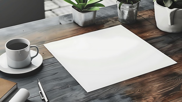 Ein leeres Blatt Papier auf einem Holztisch, eine Tasse Kaffee, ein Stift und ein Notizbuch auf dem Tisch.