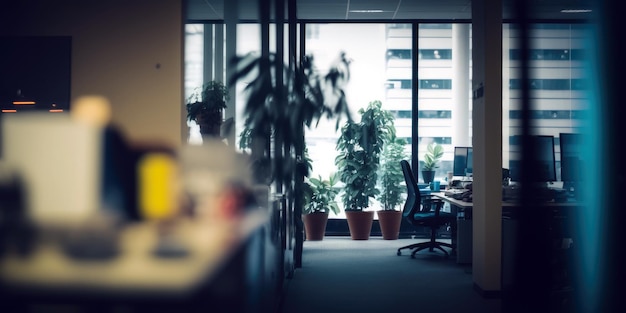 Ein leeres Büro mit einem Schreibtisch und einem Fenster mit einer Pflanze im Hintergrund.