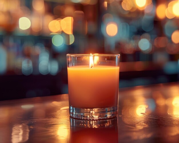 Ein leeres, duftendes Kerzenglas auf einer schicken Cocktailbar, das einen warmen, einladenden Glanz ausstrahlt, vermittelt eine gemütliche, intime Atmosphäre.