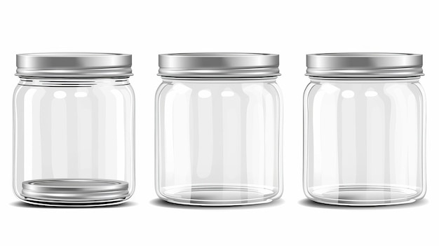 Foto ein leeres glasgefäß mit schraubdeckel und metallkappe detaillierte moderne illustration von transparenten klaren behältern mit silbernen kappen für die lagerung und konservierung von lebensmitteln