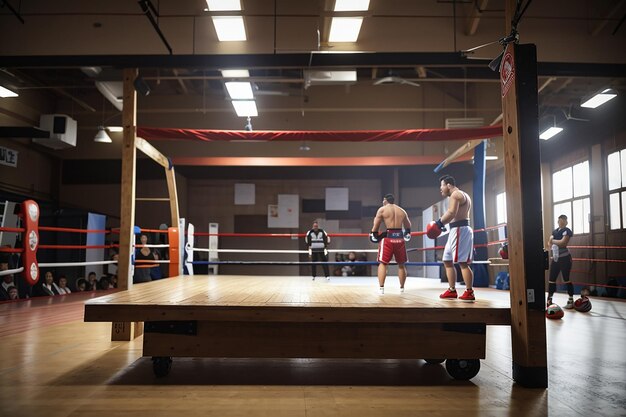 Foto ein leeres holzbrett in einer boxhalle mit kämpfern im ring