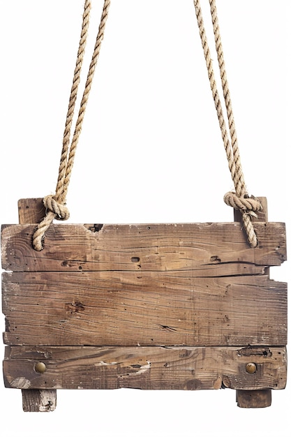 Ein leeres Holzschild, das an Seilen hängt, ist auf weißem Hintergrund isoliert