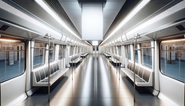 Ein leeres Innenraum einer U-Bahn mit Sitzpfählen und einer großen leeren Werbetafel über dem Kopf Modernes Design auf einem metallischen und reflektierenden Hintergrund Generative KI