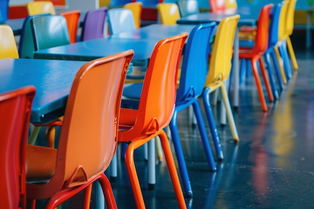 Ein leeres Klassenzimmer mit bunten Schreibtischen und Stühlen