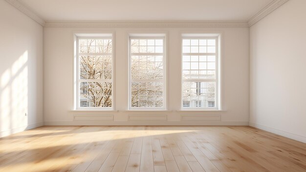 Ein leeres, modernes Zimmer in einer Stadtwohnung mit schlichten Fenstern. Generative KI