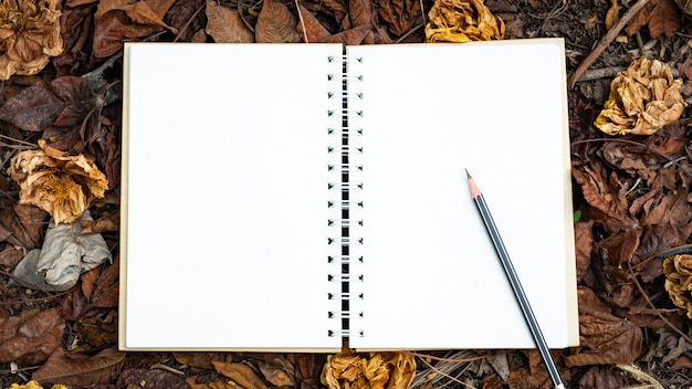 Ein leeres Notizbuch und ein Bleistift auf einem gelben, roten, orangefarbenen Blatt und herbstgetrockneten Blumen