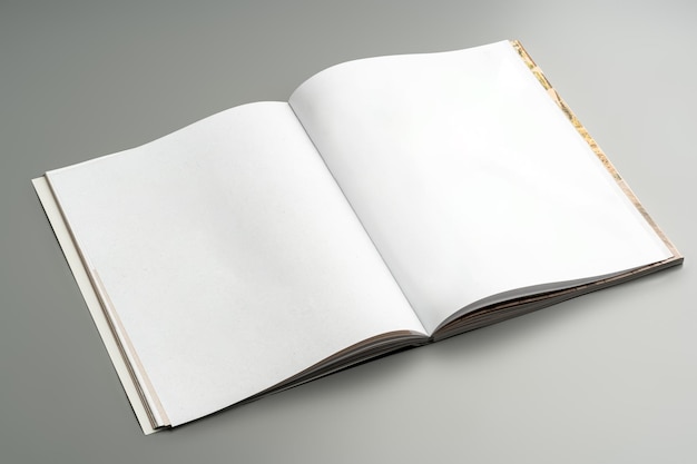Ein leeres offenes Notizbuch, das tagsüber auf einem neutralen Hintergrund ruht