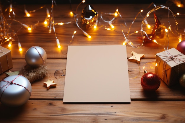 Ein leeres Papier, umgeben von festlichen Weihnachtslichtern und farbenfrohen Dekorationen