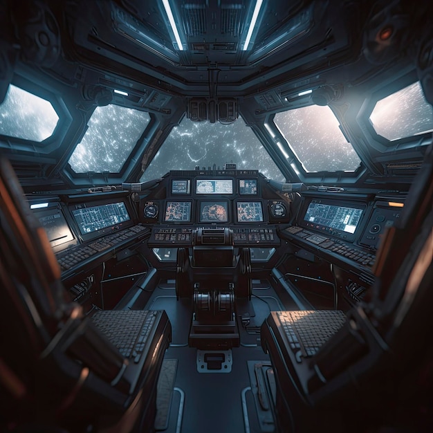 Ein leeres Raumschiff-Cockpit mit detaillierten Bedienelementen und einem großartigen Blick in den Weltraum. Hochauflösende, realistische 8K-KI