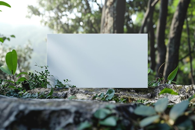 Foto ein leeres schild, das auf einem felsen im wald sitzt.