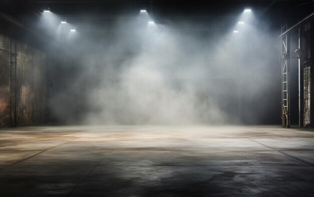 Ein leeres Studio mit Zementboden, darüber Flutlicht und Rauch im Hintergrund