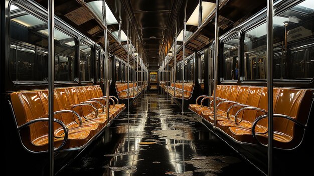 Ein leeres U-Bahn-Wagen von innen nachts mit Wasserlöchern auf dem Boden