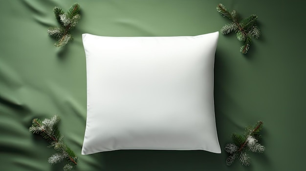 Foto ein leeres weißes kissen, das auf einem flauschigen grünen teppich ruht die szene mit weihnachtsgeist alles in einem modernen minimalistischen stil, der die zuschauer einlädt, sich ihren eigenen ferienkomfort vorzustellen