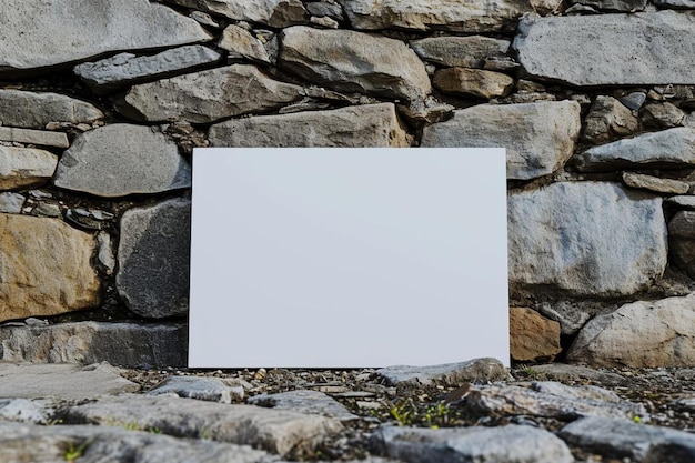 Foto ein leeres weißes schild, das vor einer steinmauer sitzt.