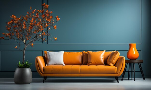 ein leeres Wohnzimmer mit blauer Couch und blauer Vase Wohnzimmer mit Sofa gelbe Farbe