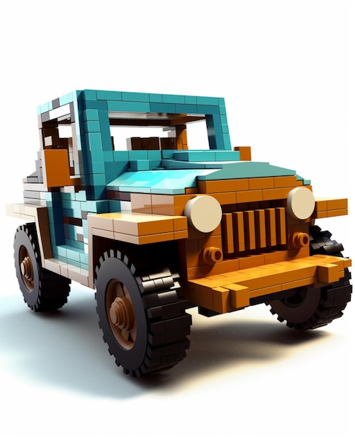 Ein Lego-Jeep mit blauem Dach und grünem Dach.