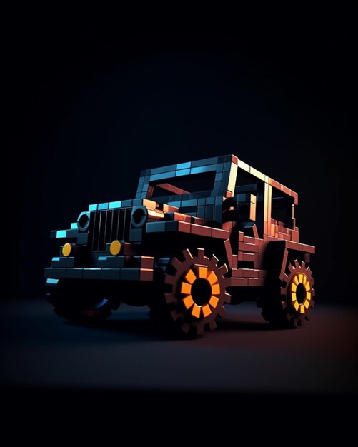 Ein Lego-Modell eines Jeeps mit orangefarbenen Lichtern auf der Vorderseite.