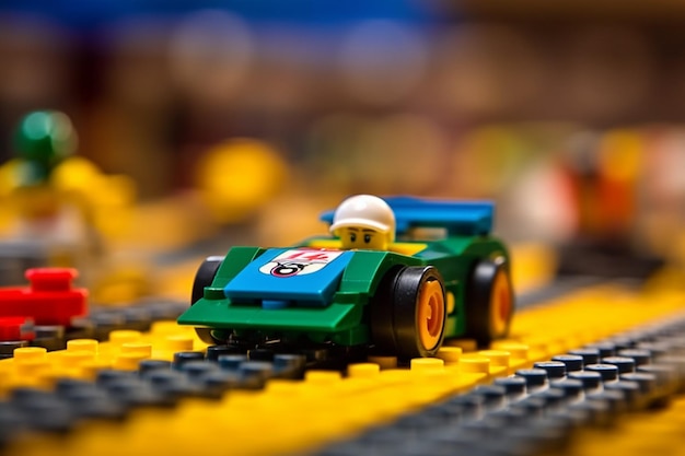 Ein Lego-Rennwagen, der eine Strecke hinunterrast und bereit ist, die KI zu überqueren