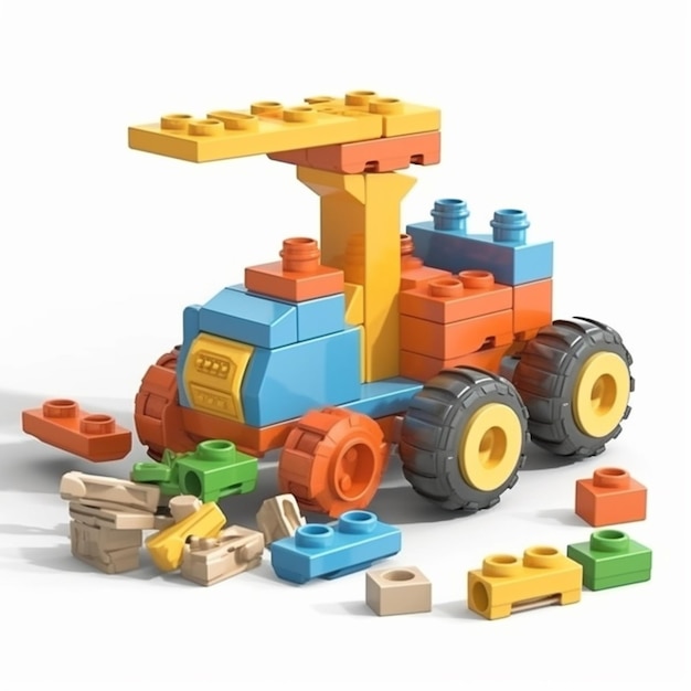 Ein Lego-Spielzeug mit einem gelb-blauen Traktor oben drauf.