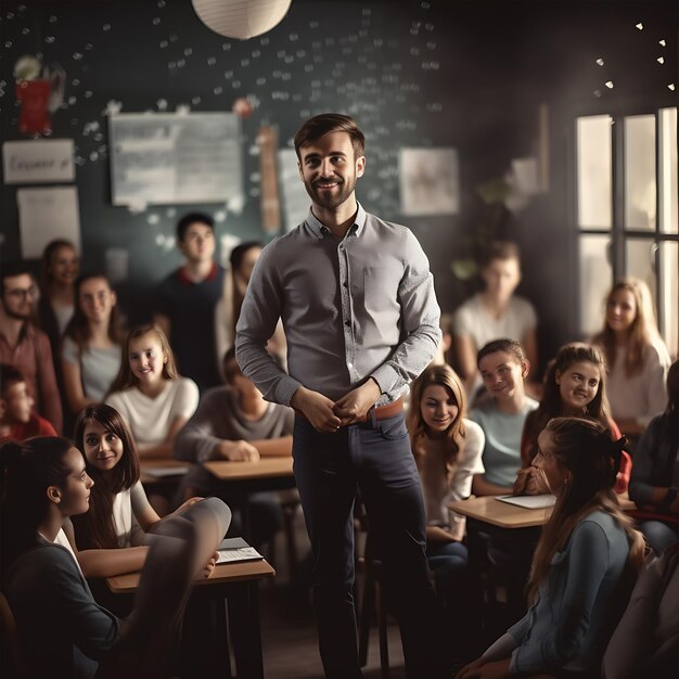 Ein Lehrer, der in einer Klasse mit Schülern steht, die generative KI nutzen