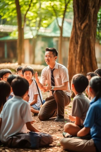 Ein Lehrer, der Schüler in einen KI-generativen Outdoor-Unterricht einbezieht