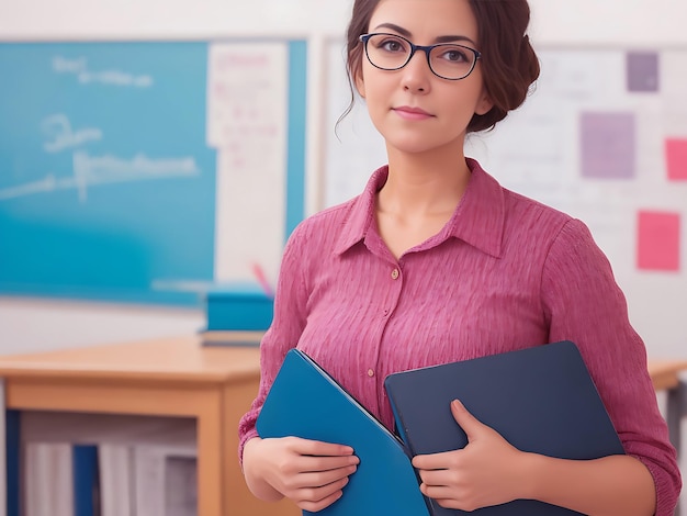 Ein Lehrer hält ein Notizbuch in der Hand und lernt im Raum