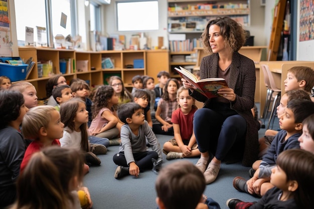 Ein Lehrer liest einer Gruppe von Kindern ein Buch vor.