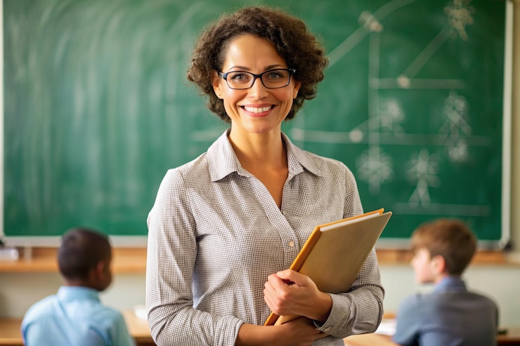 Foto ein lehrer mit brille und einem notizbuch vor einer tafel