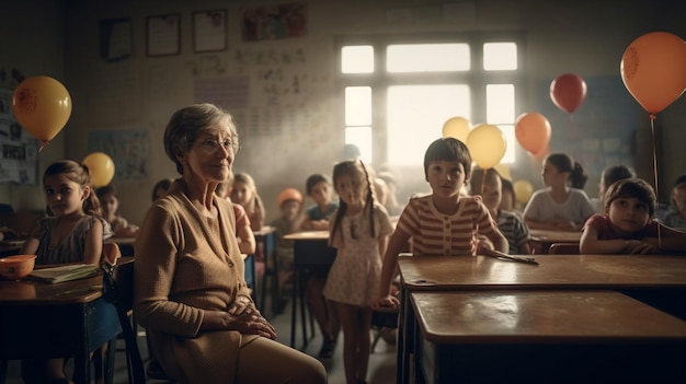 Ein Lehrer sitzt mit einem Haufen Luftballons in einem Klassenzimmer