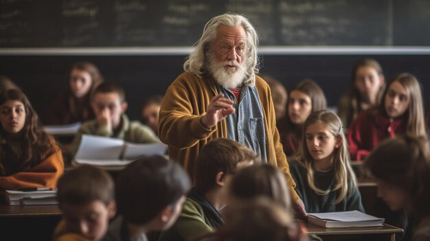 Ein Lehrer steht vor einem Klassenzimmer voller Schüler.