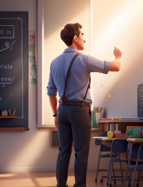 Ein Lehrer steht vor einer Tafel mit einem hellen Sonnenstrahl, der aus dem Fenster strömt