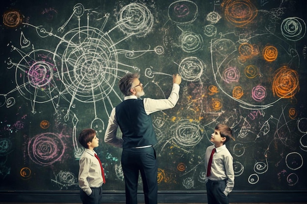 Ein Lehrer und zwei Jungen stehen vor einer Tafel mit der Aufschrift „der Lehrer“.