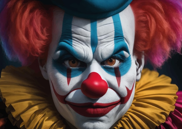 Ein leicht angepisster Clown mit roten Haaren und roter Nase