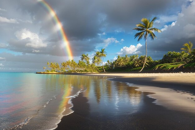 Foto ein leichter regenbogen über einem glitzernden meer mit hellen wolken, die auf einem schwarzen sandstrand mit palmen glänzen