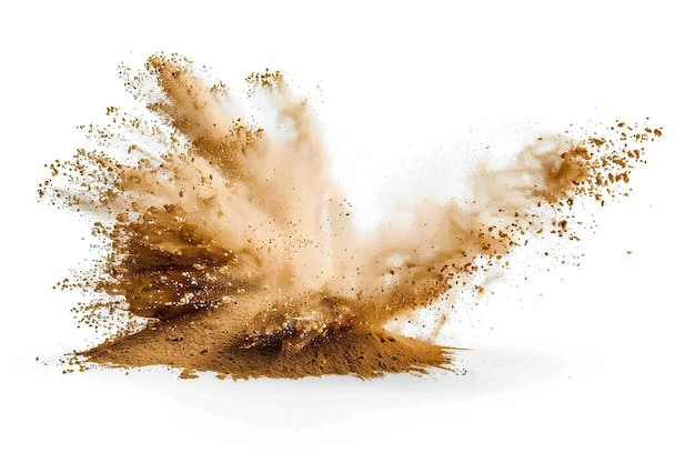 Ein leichter Sandpulver-Spritz ist auf weißem Hintergrund beige gefärbt.