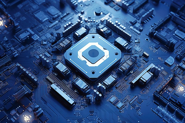 Ein leistungsstarker Computerprozessor oder Chip auf einem Motherboard Moderne Technologien Blauer Hintergrund