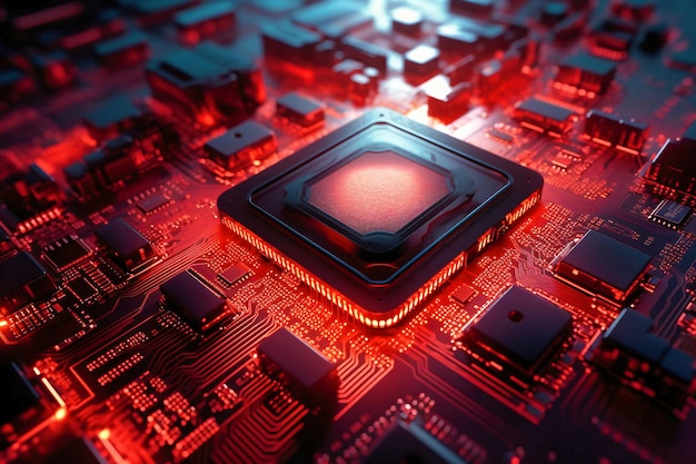 Ein leistungsstarker Computerprozessor oder Chip auf einem Motherboard Moderne Technologien Roter Hintergrund