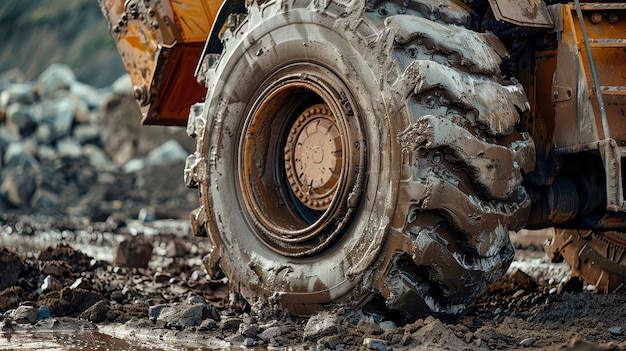 Ein leistungsstarker Industriewagen mit massiven Rädern fährt auf einer unwegsamen felsigen Straße auf einer Baustelle