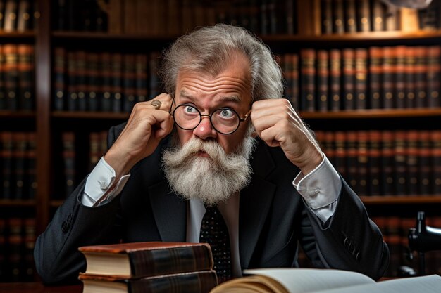 Ein leitender Anwalt denkt über den schwierigen Rechtsfall in seinem Büro nach und beißt in die Brille.